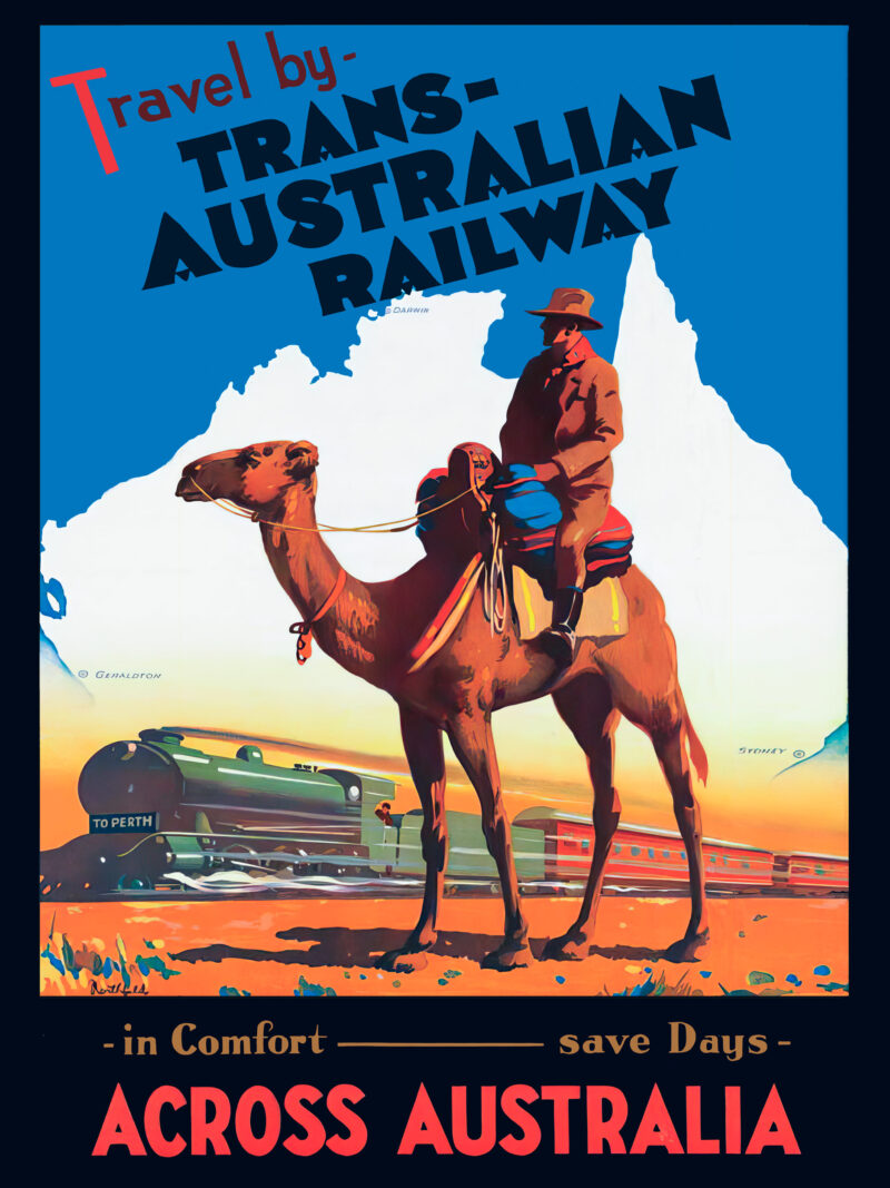 1933 vintage poster of Trans-Australian Railway with camel in foreground.