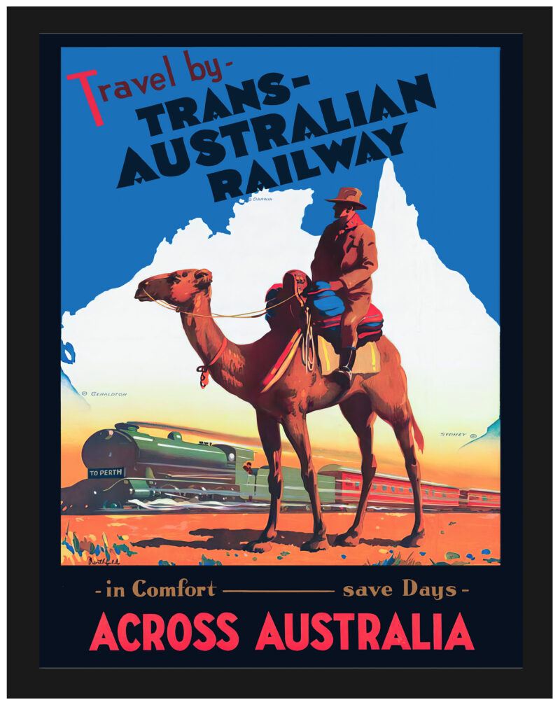 1933 vintage poster of Trans-Australian Railway with camel in foreground.