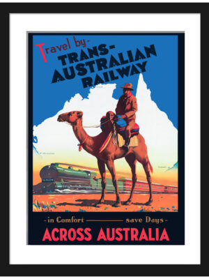 1933 vintage poster of Trans-Australian Railway with camel in foreground.
