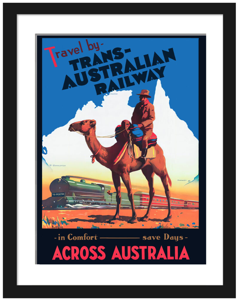 1933 vintage poster of Trans-Australian Railway with camel in foreground.