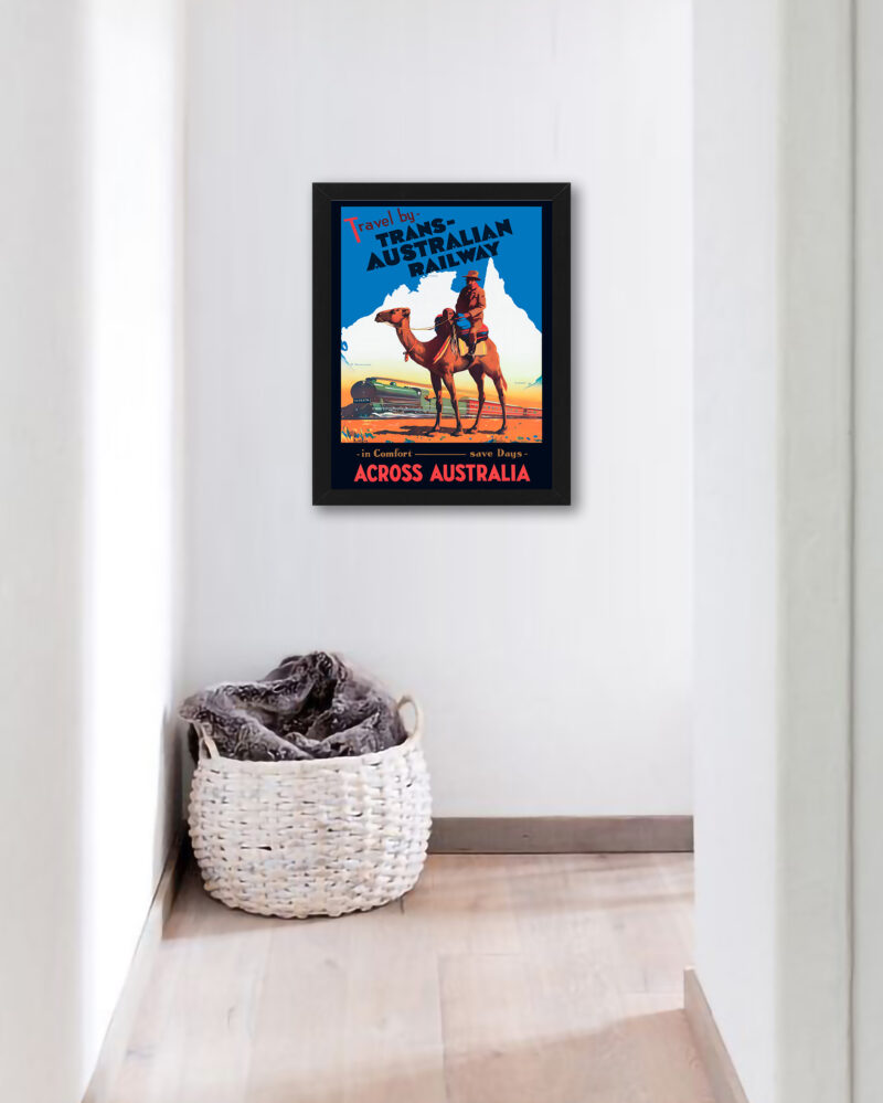 1933 vintage poster of Trans-Australian Railway with camel in foreground.