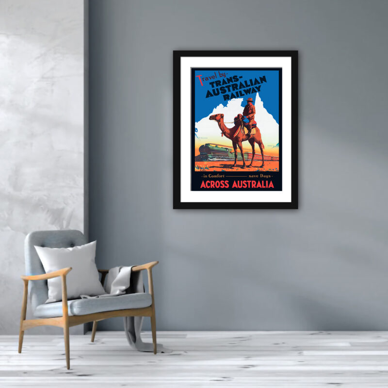 1933 vintage poster of Trans-Australian Railway with camel in foreground.