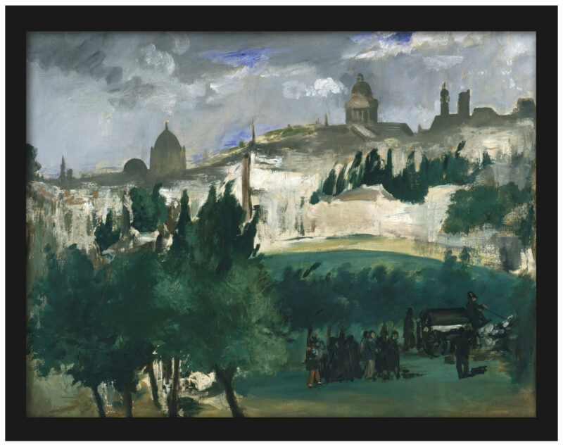 Reproduction of 1867 funeral scene painting with Parisian landscape.