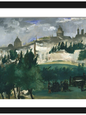 Reproduction of 1867 funeral scene painting with Parisian landscape.
