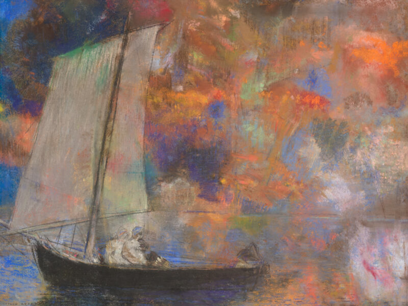 Reproduction of Odilon Redon's "Flower Clouds" pastel with surreal sailboat.
