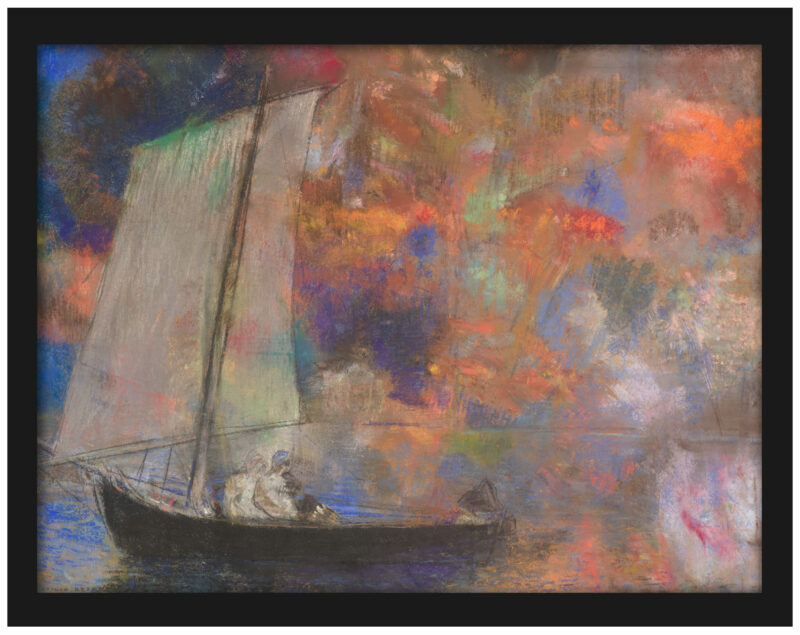 Reproduction of Odilon Redon's "Flower Clouds" pastel with surreal sailboat.