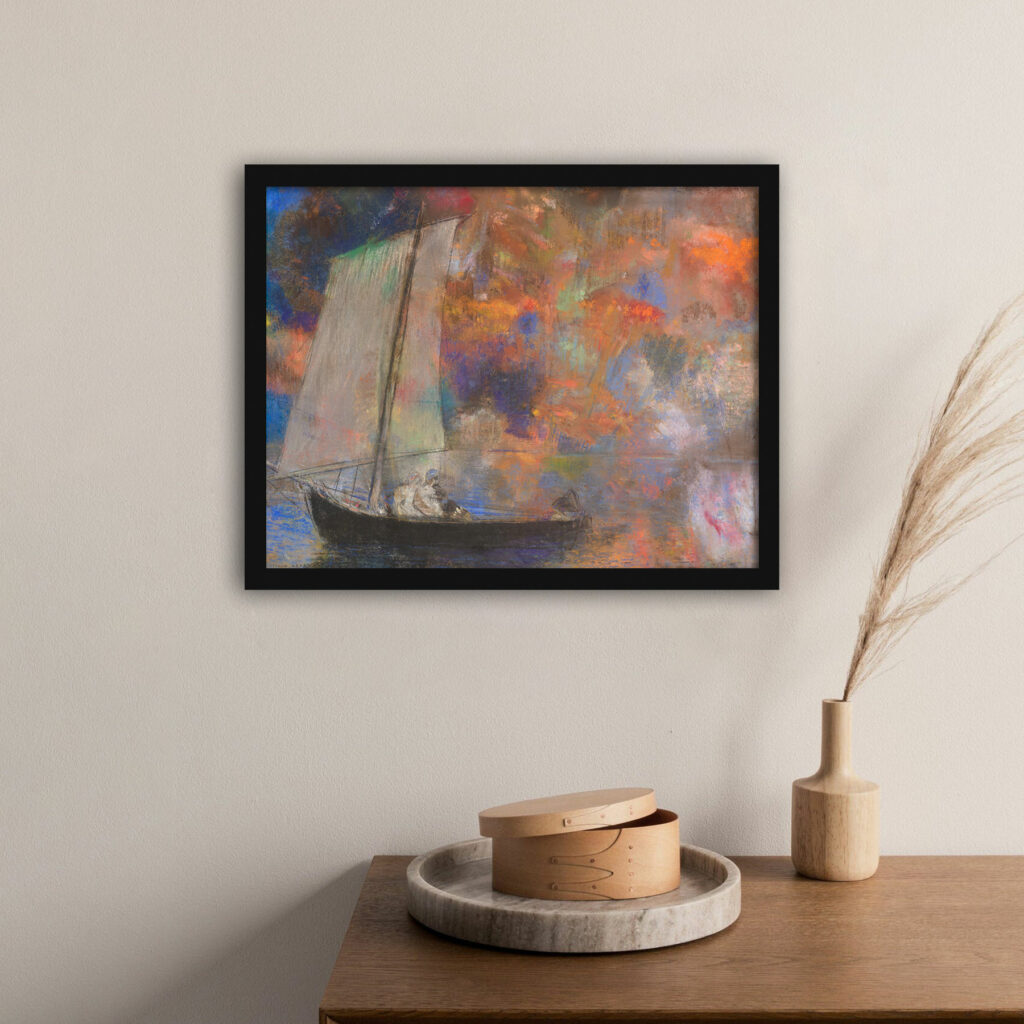 Reproduction of Odilon Redon's "Flower Clouds" pastel with surreal sailboat.