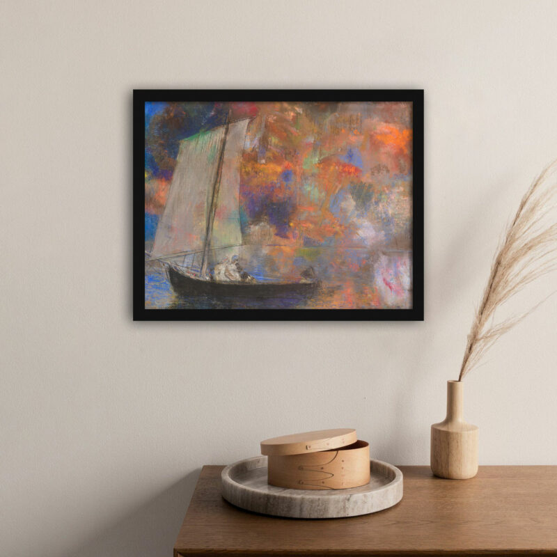 Reproduction of Odilon Redon's "Flower Clouds" pastel with surreal sailboat.