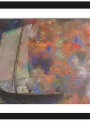 Reproduction of Odilon Redon's "Flower Clouds" pastel with surreal sailboat.