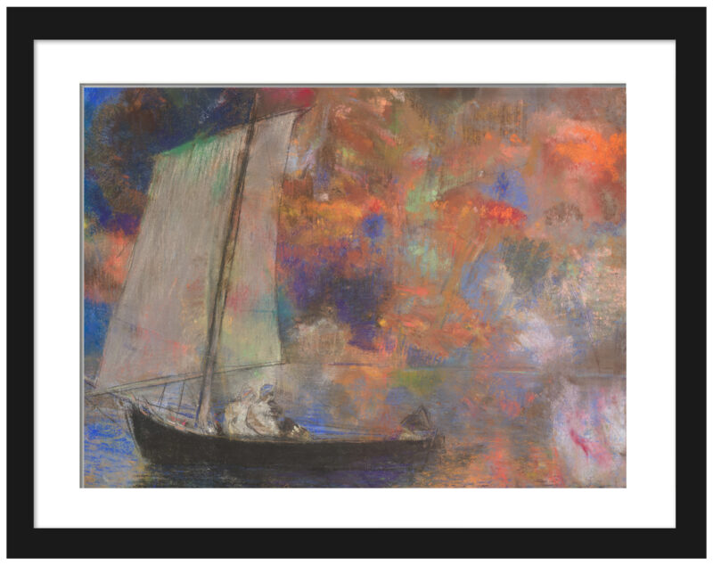 Reproduction of Odilon Redon's "Flower Clouds" pastel with surreal sailboat.