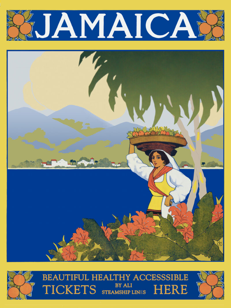 1910 vintage Jamaica travel poster with fruit-bearing woman