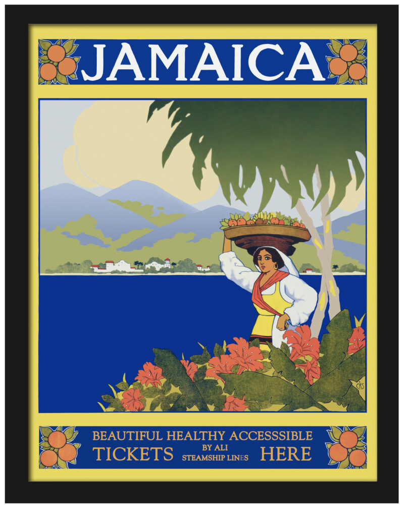 1910 vintage Jamaica travel poster with fruit-bearing woman