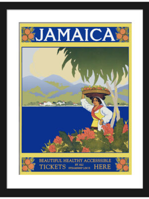 1910 vintage Jamaica travel poster with fruit-bearing woman