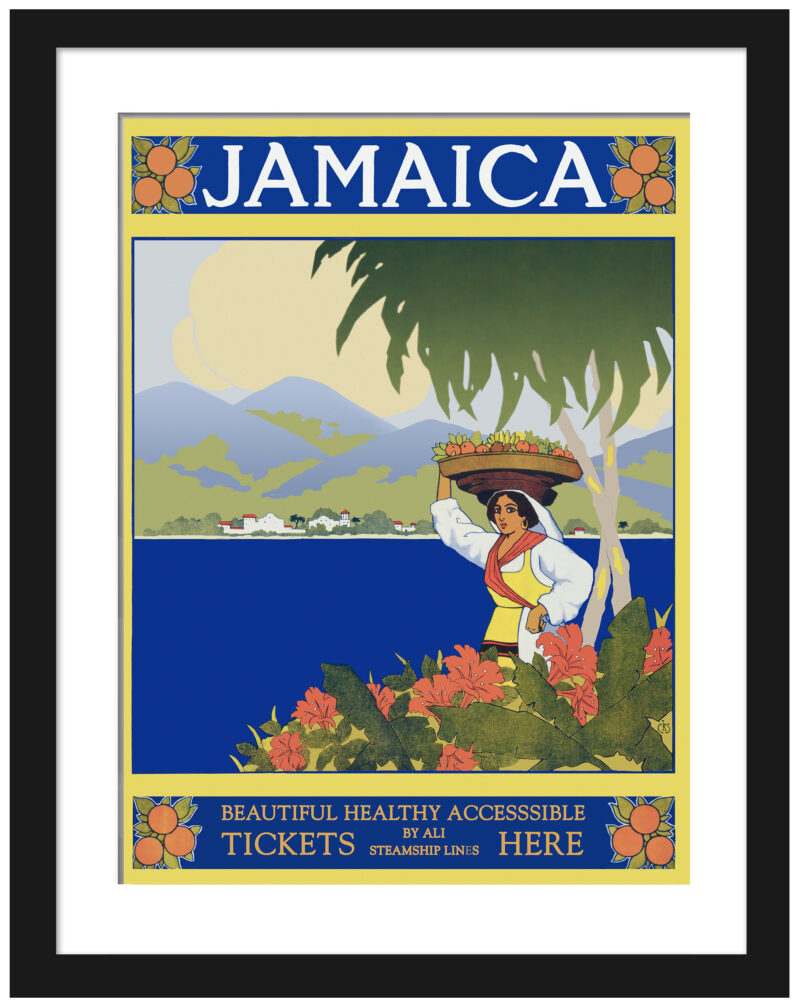 1910 vintage Jamaica travel poster with fruit-bearing woman