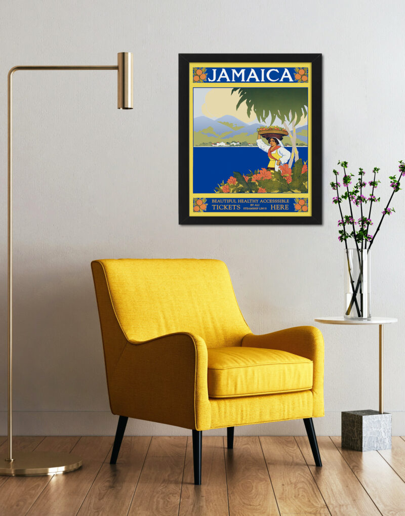 1910 vintage Jamaica travel poster with fruit-bearing woman