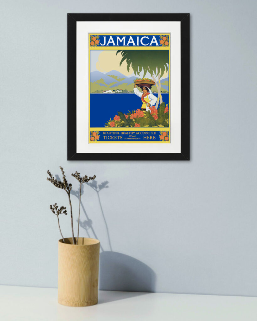 1910 vintage Jamaica travel poster with fruit-bearing woman