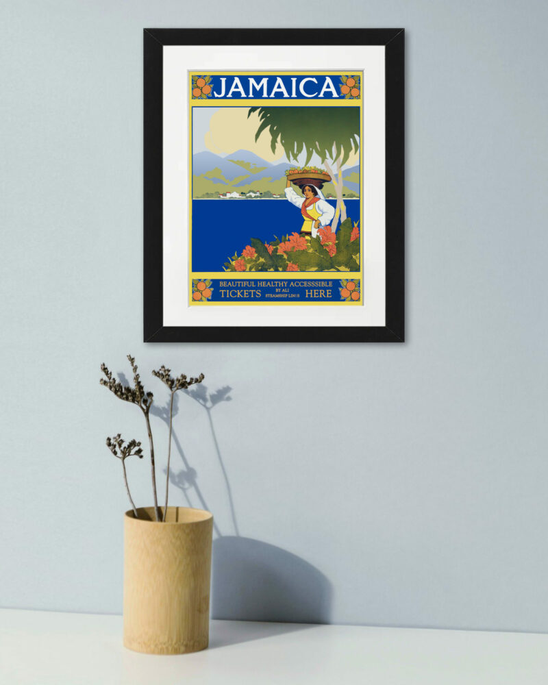 1910 vintage Jamaica travel poster with fruit-bearing woman