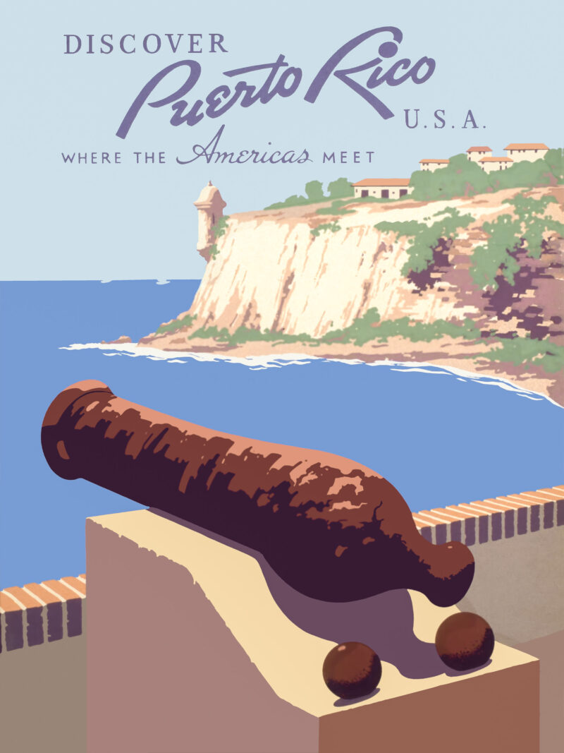 1940's vintage Puerto Rico travel poster with Morro Castle view.