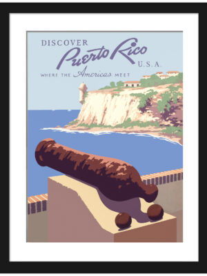 1940's vintage Puerto Rico travel poster with Morro Castle view.