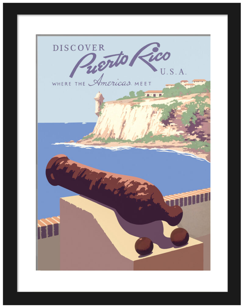 1940's vintage Puerto Rico travel poster with Morro Castle view.