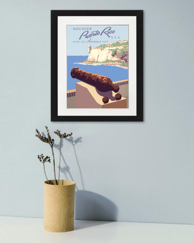 1940's vintage Puerto Rico travel poster with Morro Castle view.