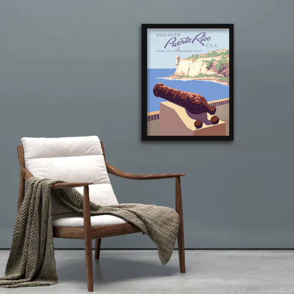 1940's vintage Puerto Rico travel poster with Morro Castle view.