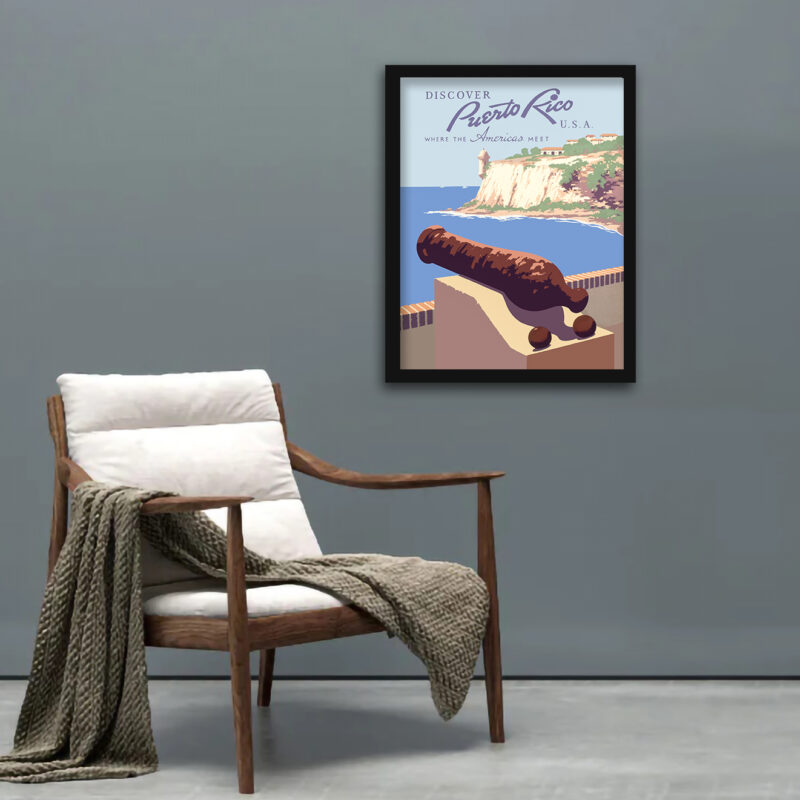 1940's vintage Puerto Rico travel poster with Morro Castle view.
