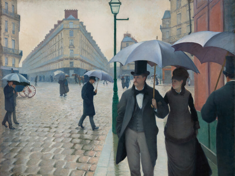 reproduction print of a 19th-century painting depicting pedestrians on a rainy Paris street