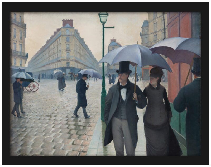 reproduction print of a 19th-century painting depicting pedestrians on a rainy Paris street