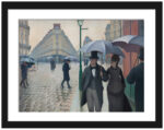 reproduction print of a 19th-century painting depicting pedestrians on a rainy Paris street