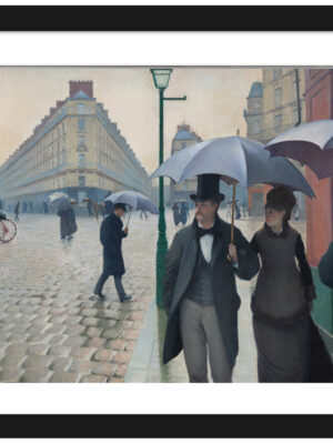 reproduction print of a 19th-century painting depicting pedestrians on a rainy Paris street