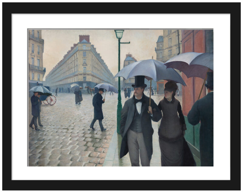 reproduction print of a 19th-century painting depicting pedestrians on a rainy Paris street