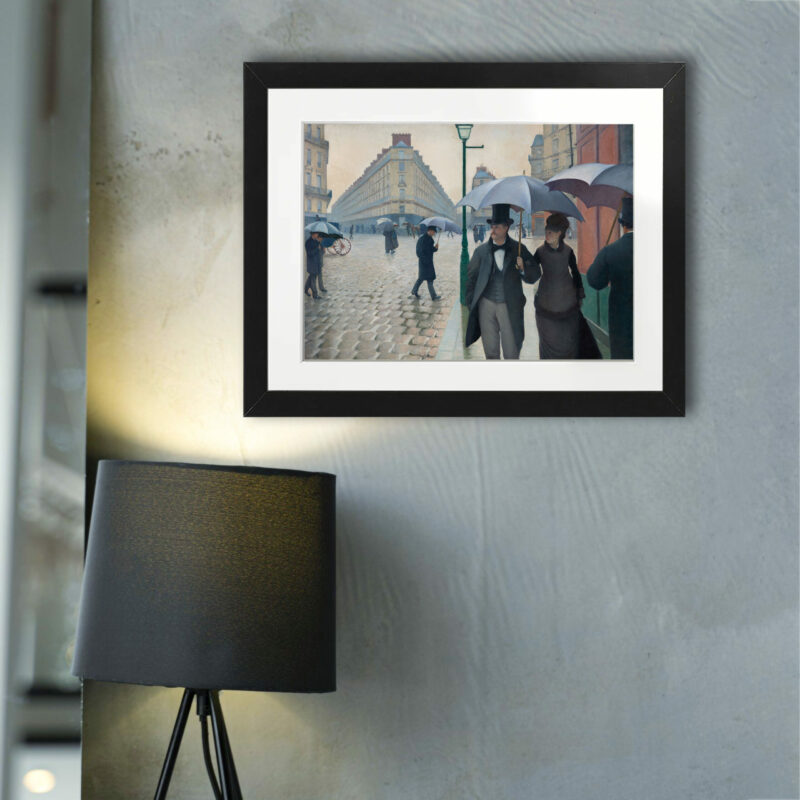 reproduction print of a 19th-century painting depicting pedestrians on a rainy Paris street