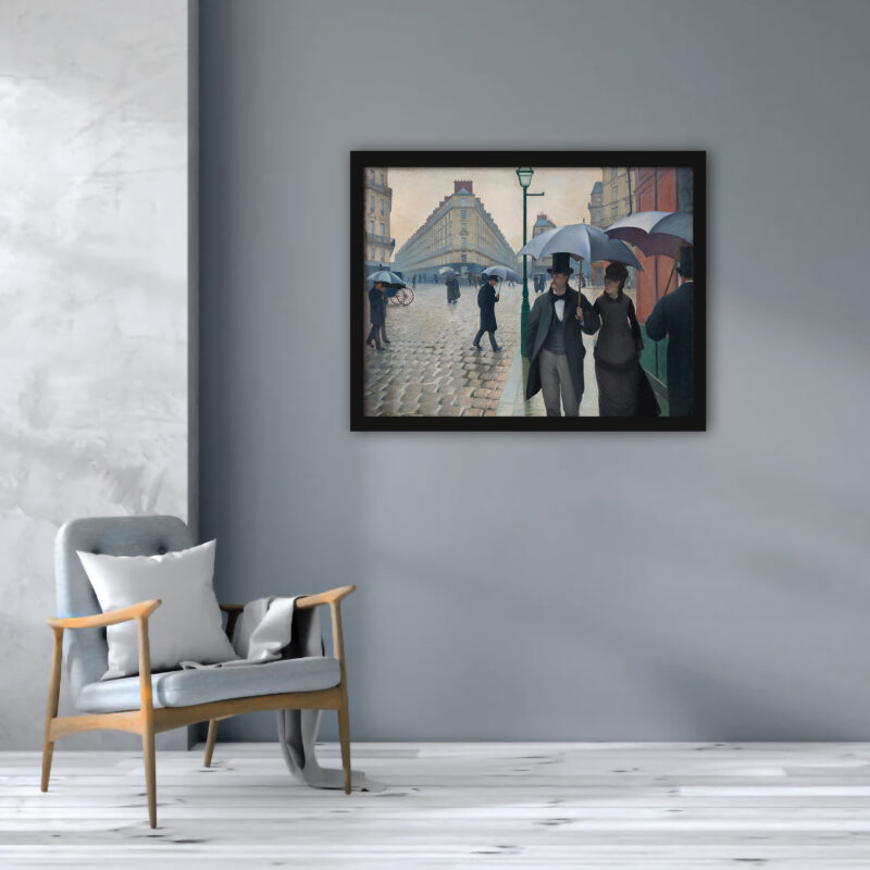reproduction print of a 19th-century painting depicting pedestrians on a rainy Paris street