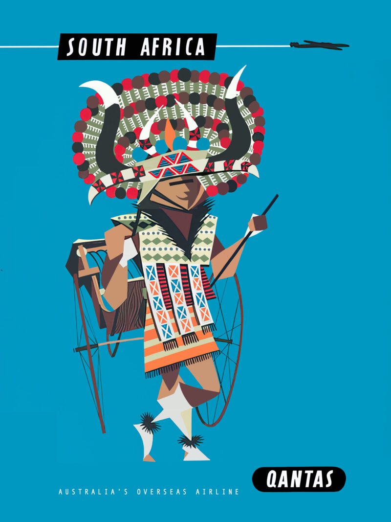 1960s Qantas South Africa travel poster featuring an African dancer.