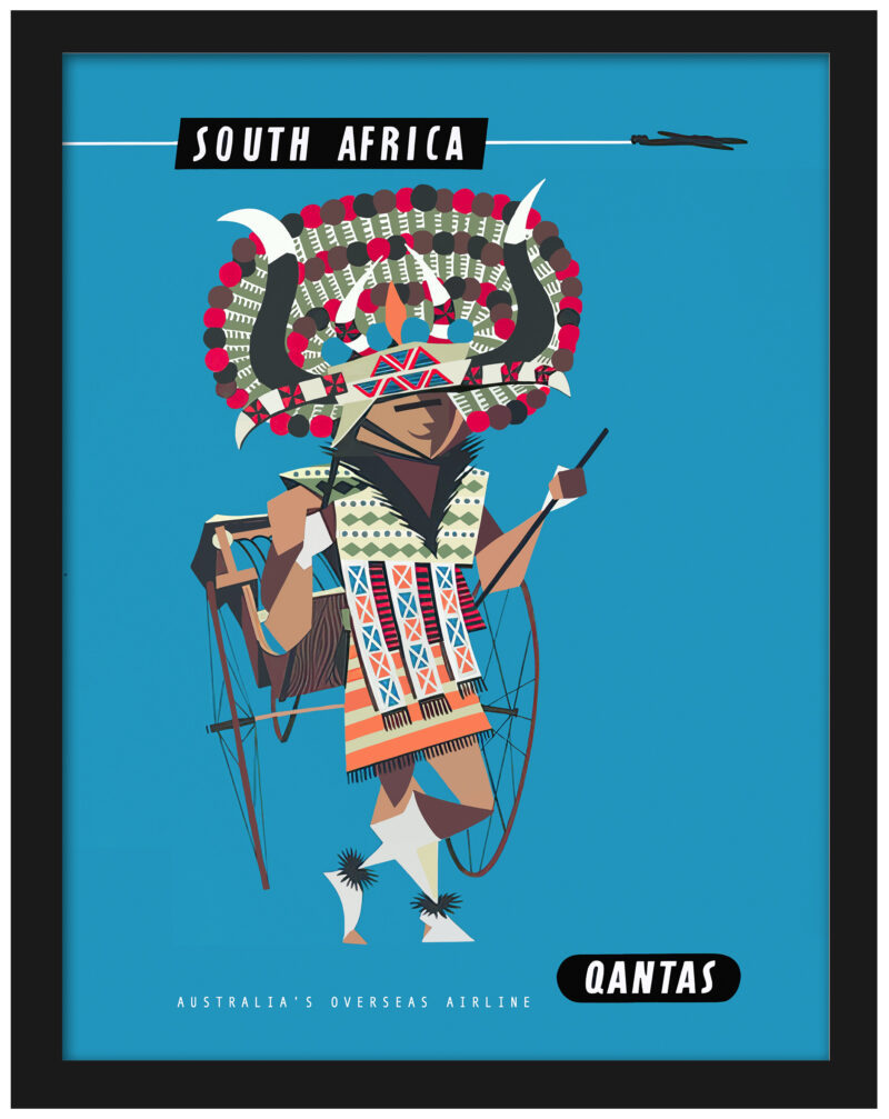 1960s Qantas South Africa travel poster featuring an African dancer.