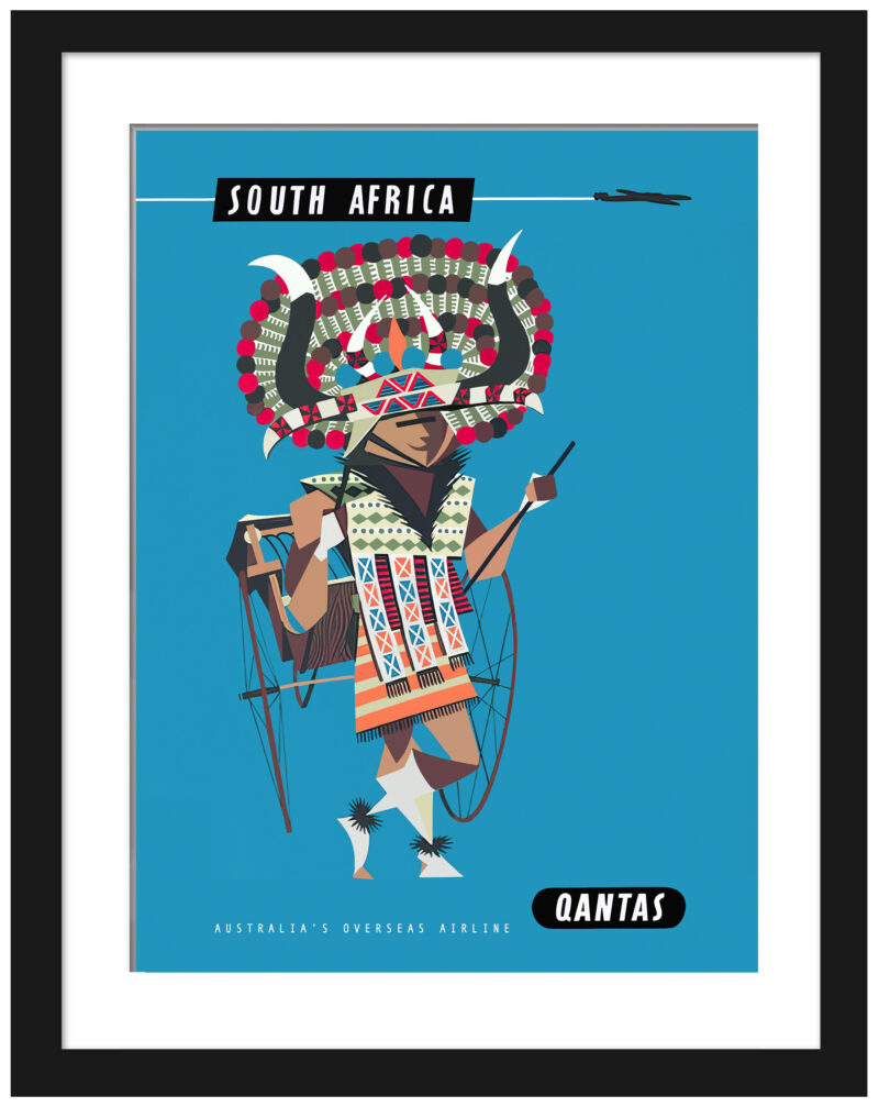 1960s Qantas South Africa travel poster featuring an African dancer.