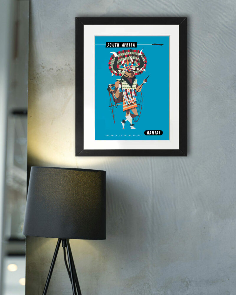 1960s Qantas South Africa travel poster featuring an African dancer.