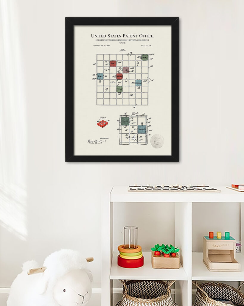 Colorful 1956 Scrabble game patent illustration.