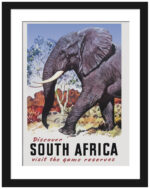 Vintage 1960s South Africa travel poster featuring an elephant by Mildred Burrage.