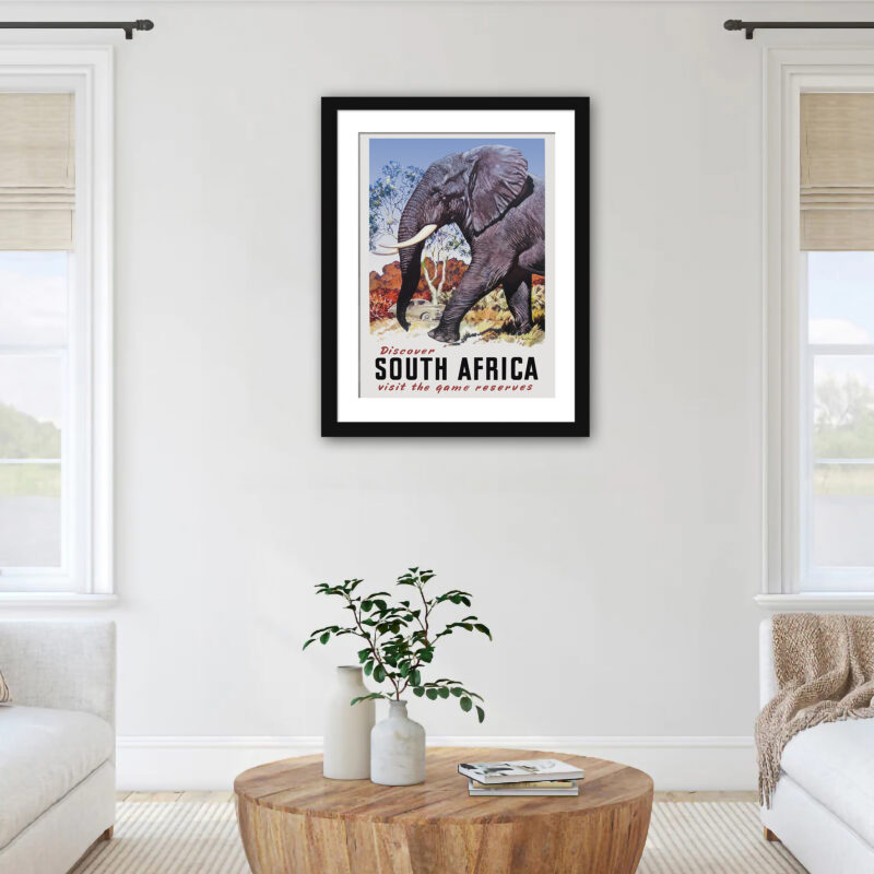 Vintage 1960s South Africa travel poster featuring an elephant by Mildred Burrage.