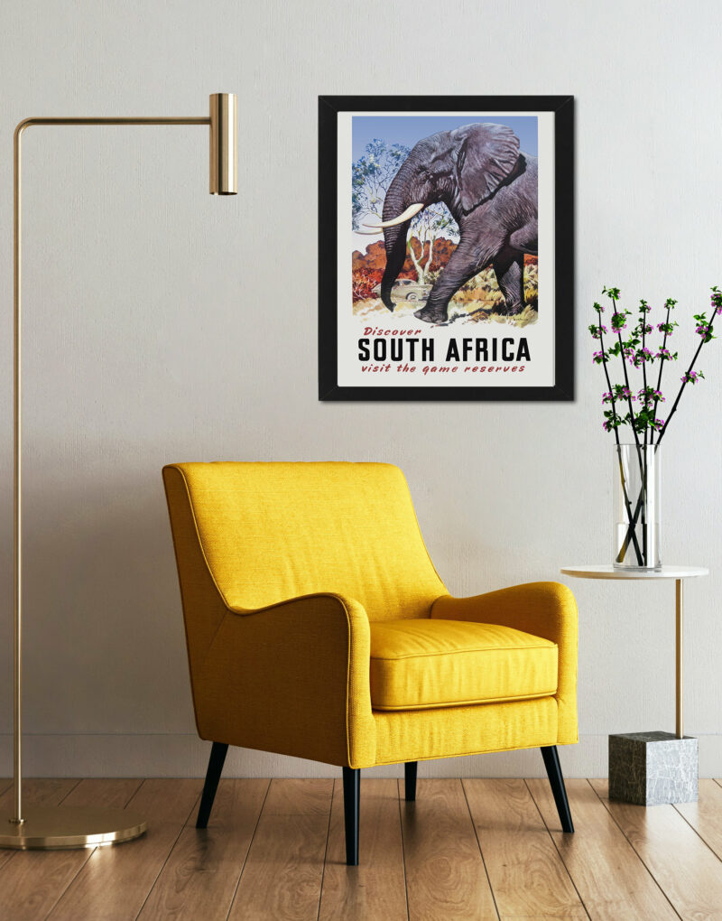 Vintage 1960s South Africa travel poster featuring an elephant by Mildred Burrage.