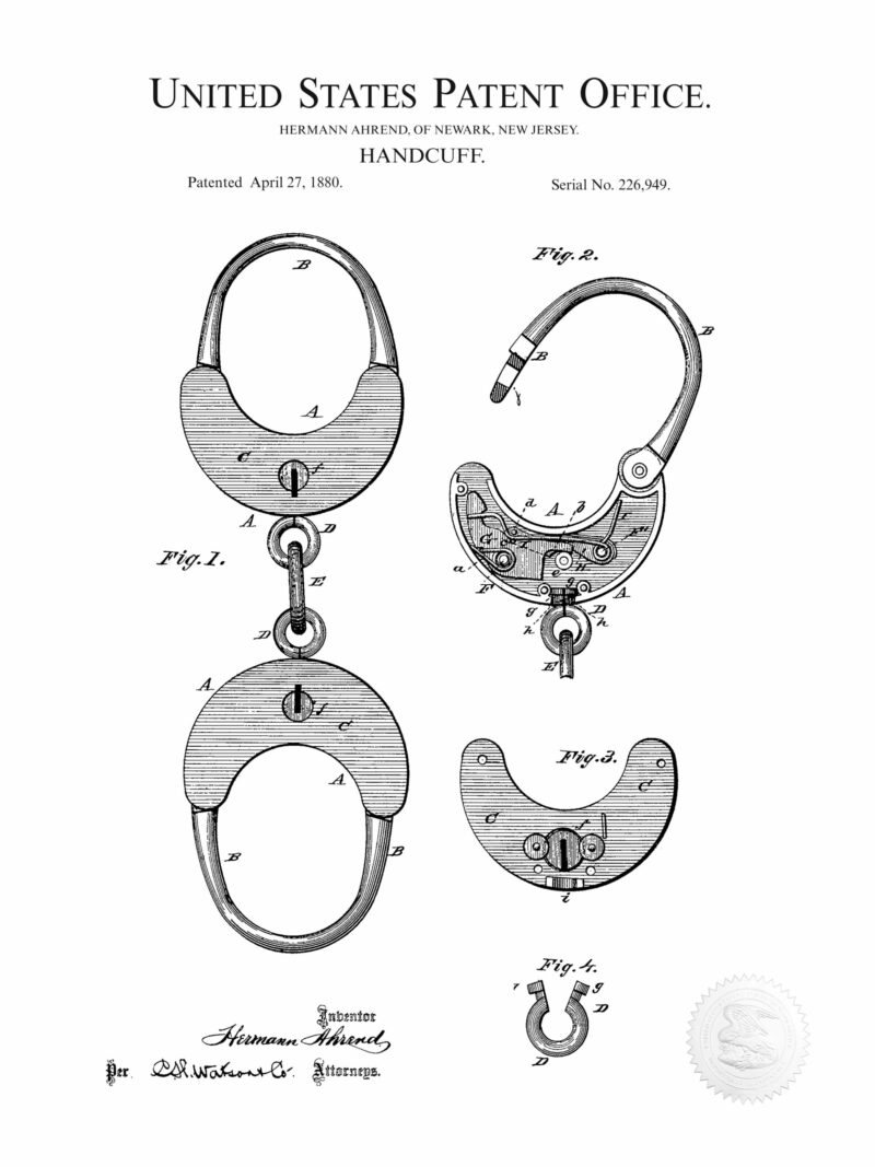 1880 antique handcuff patent illustration