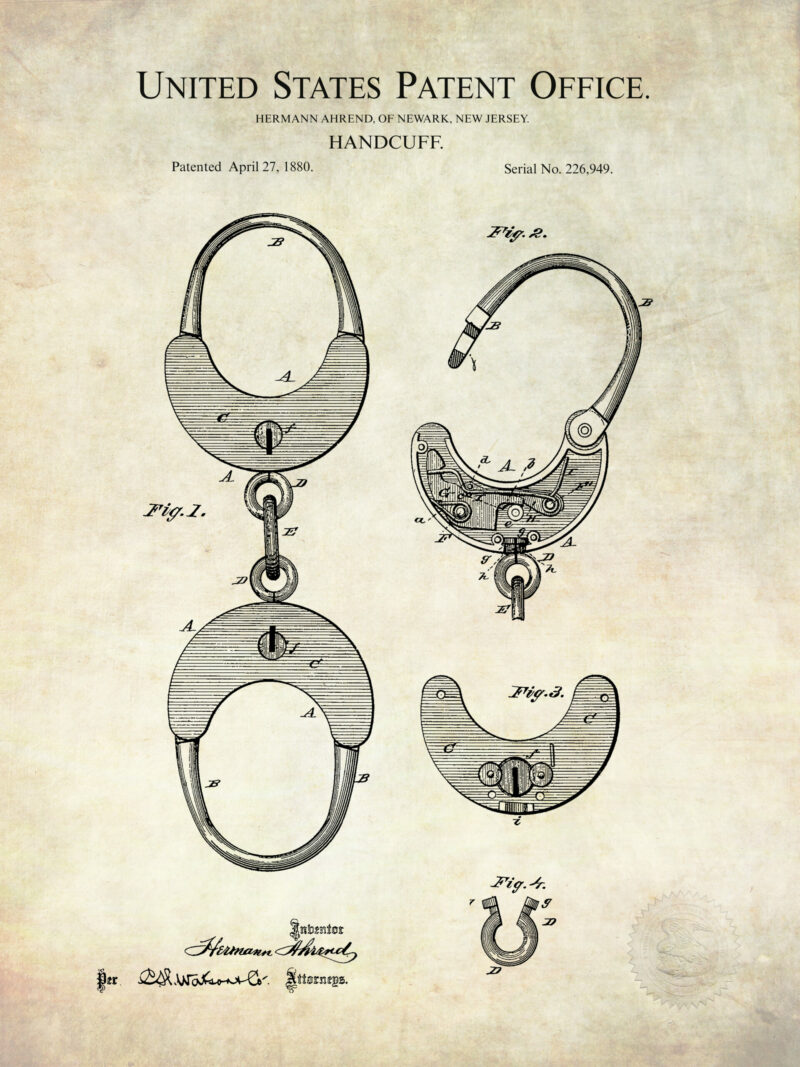1880 antique handcuff patent illustration
