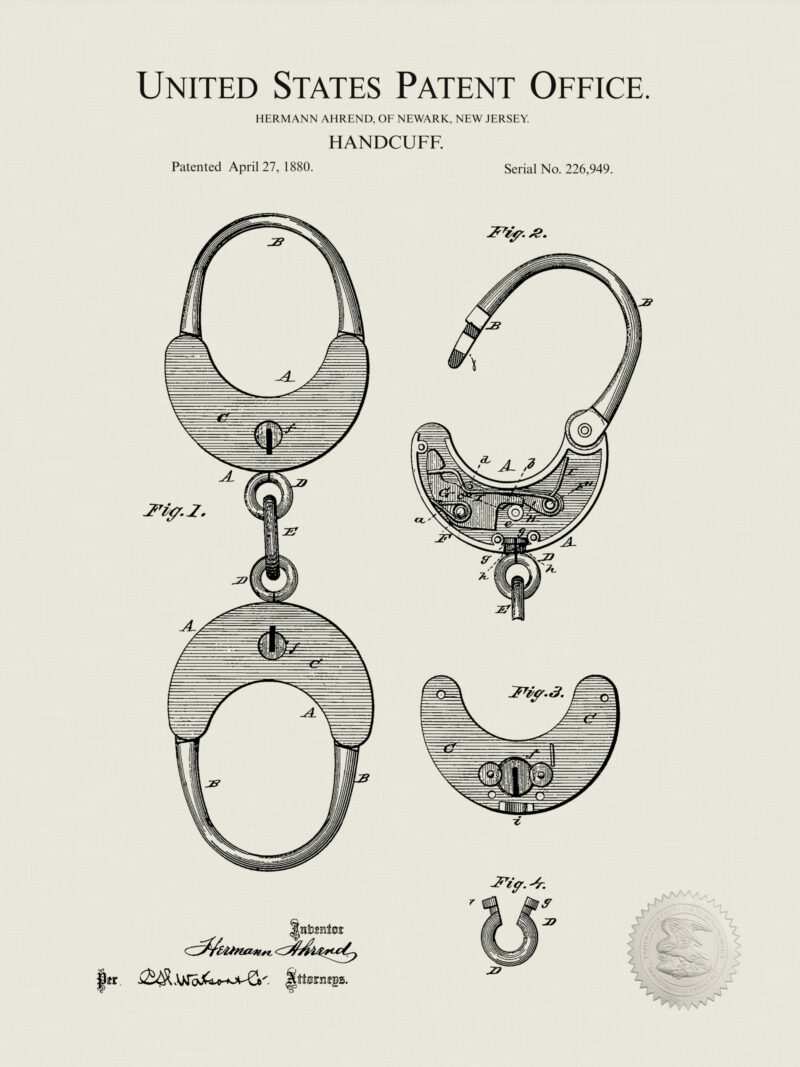 1880 antique handcuff patent illustration
