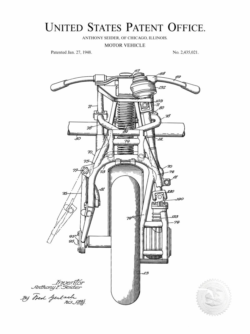1948 Indian Motorcycle patent illustration print.