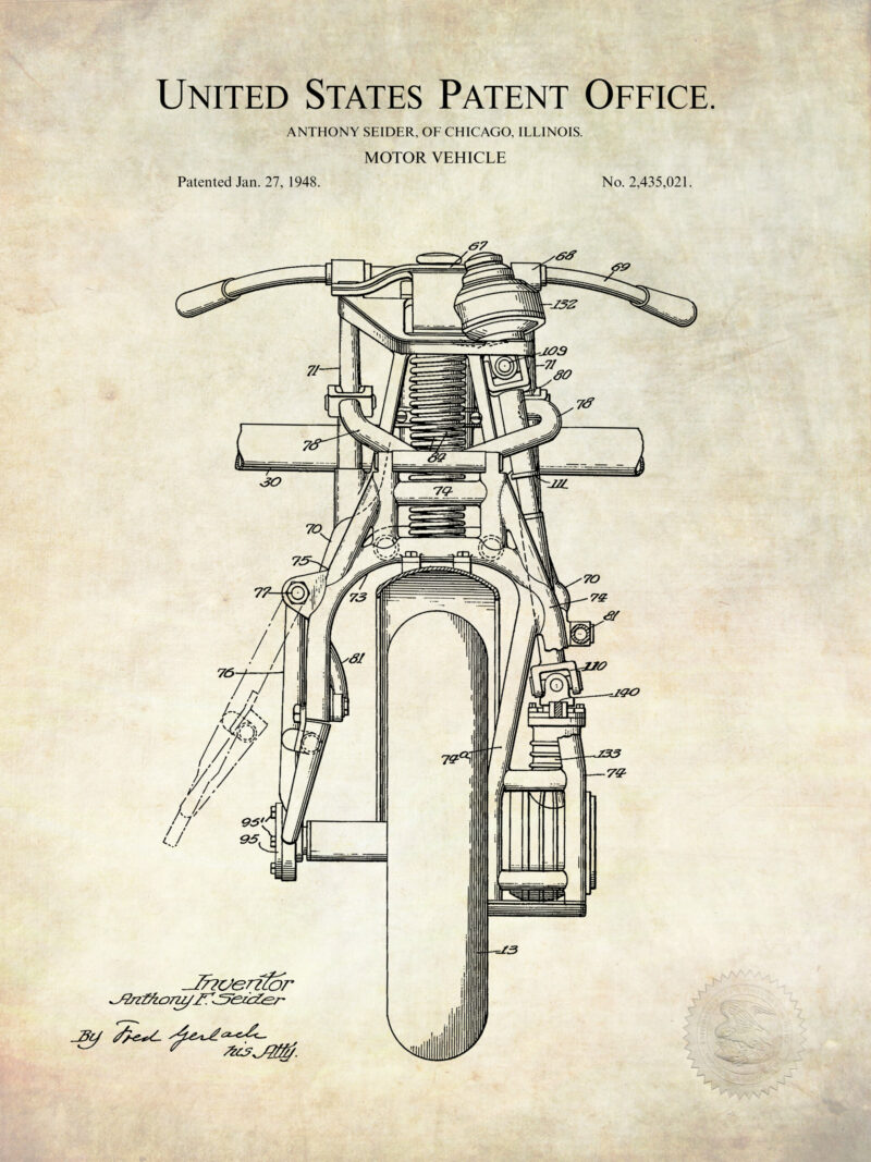 1948 Indian Motorcycle patent illustration print.