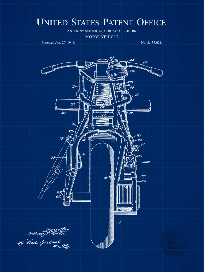 1948 Indian Motorcycle patent illustration print.