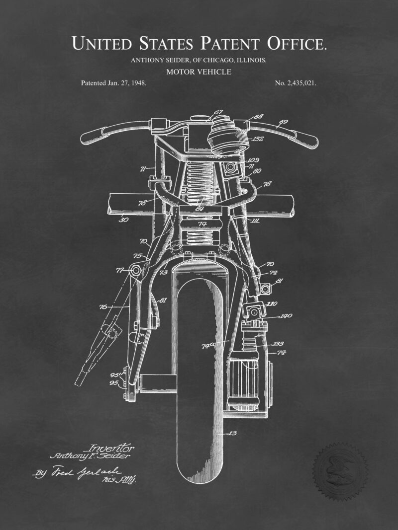 1948 Indian Motorcycle patent illustration print.