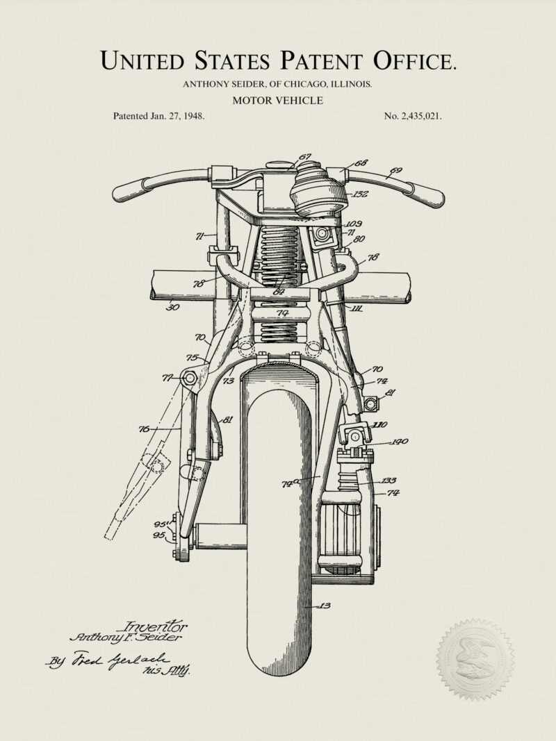 1948 Indian Motorcycle patent illustration print.